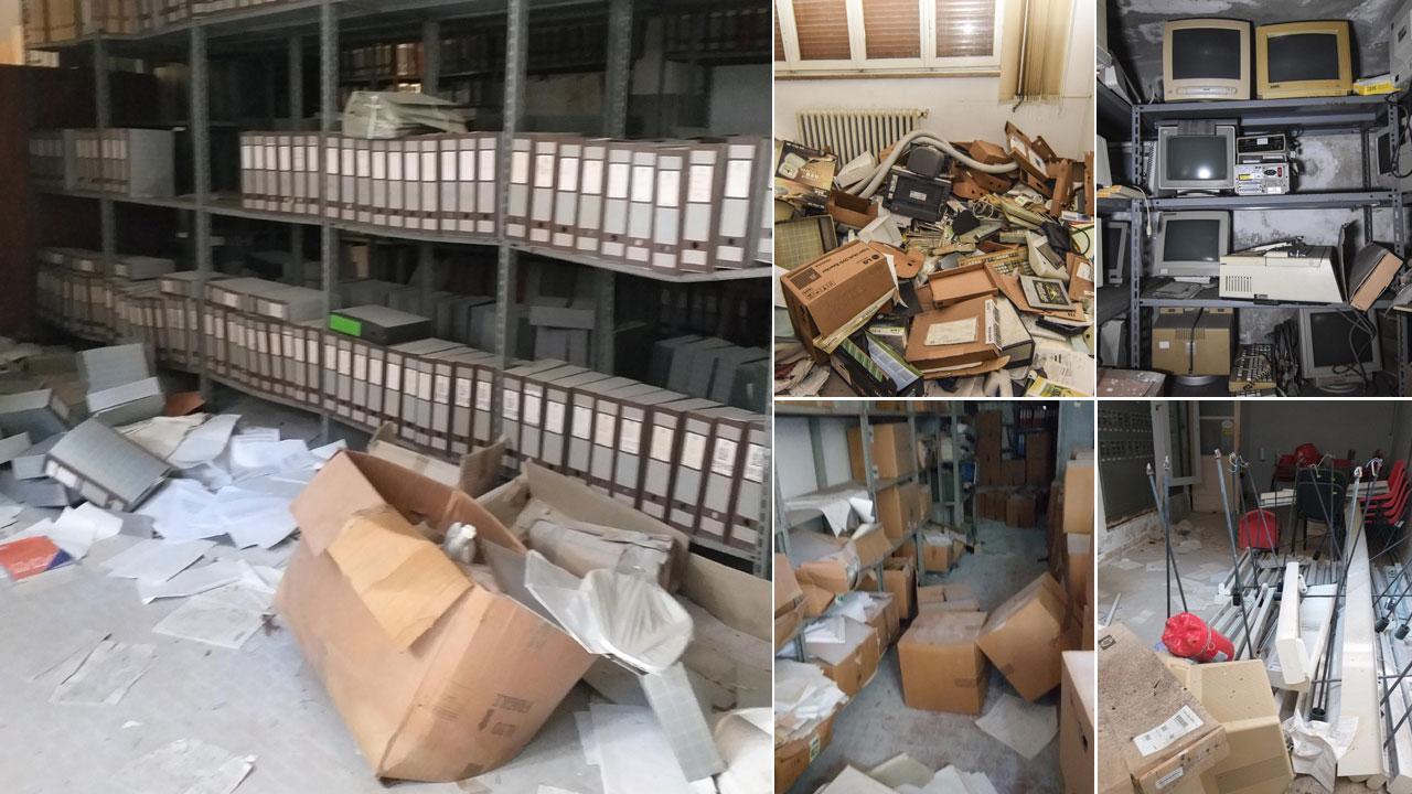 Centinaia e centinaia di carte e scatoloni abbandonati nella struttura della ex Asl 6 di Monterotondo in preda ai vandali e al degrado: ci sono file di vecchi monitor, pc, sedie accatastate
e materiale dimenticato dal trasloco che fu effettuato tra il 2012 e il 2013 anni in cui fu definitivamente lasciata villa Rodocanacchi (Fotoservizio Silvestri-Marzi)