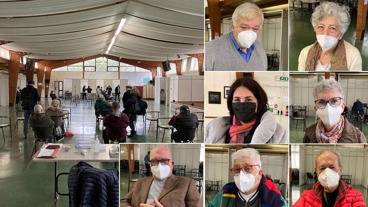 Nella foto a sinistra il centro vaccinazioni allestito al circolo Arci Le Piscine, in alto a destra Aurelio Pellegrini, Marzia Pizzo, al centro a sinistra Michela Coppola, Meri Gagliardi, in basso a sinistra Rina Moncini e Vincenzo Greco e nella foto a sinistra Vincenzo Pizzo (foto Falorni)