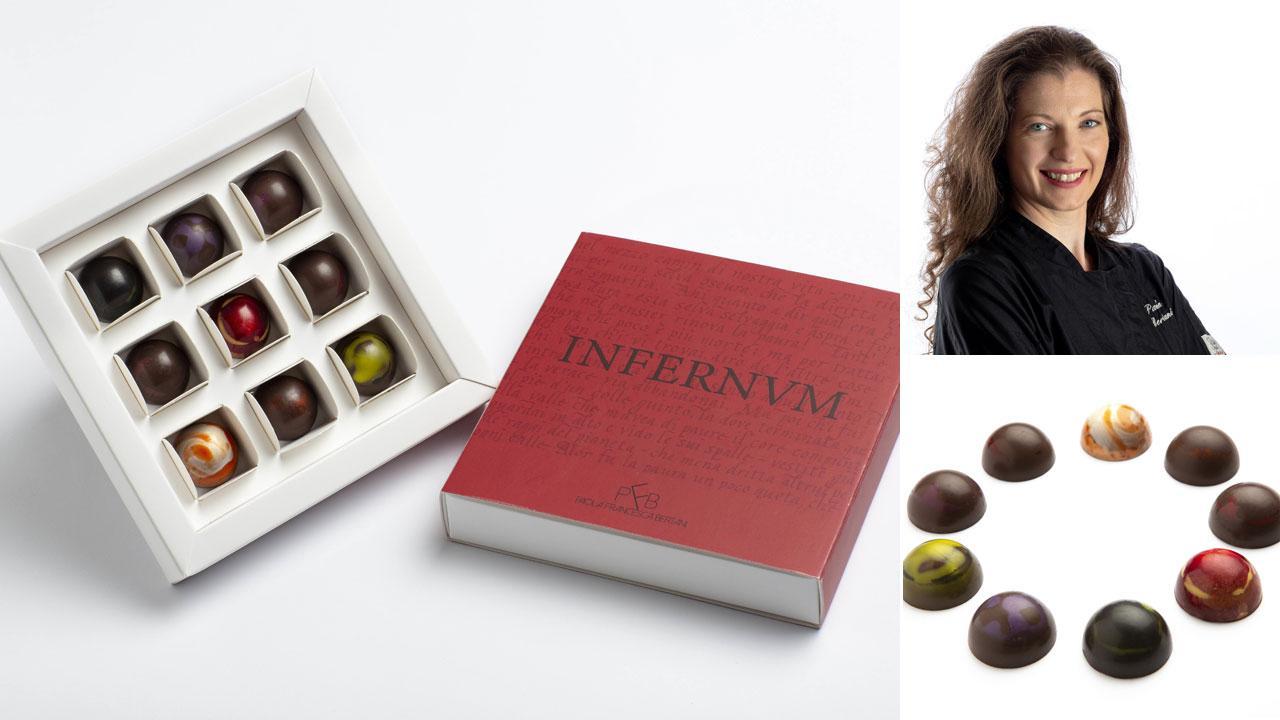 Nella foto grande la confezione “Infernvm” con le nove praline dedicate ai cerchi dell’Inferno di Dante Alighieri, ognuna ovviamente con caratteristiche diverse; a destra in alto la “chocolatier” Paola Francesca Bertani, due volte campionessa del mondo per le sue creazioni prelibate, e in basso le praline realizzate