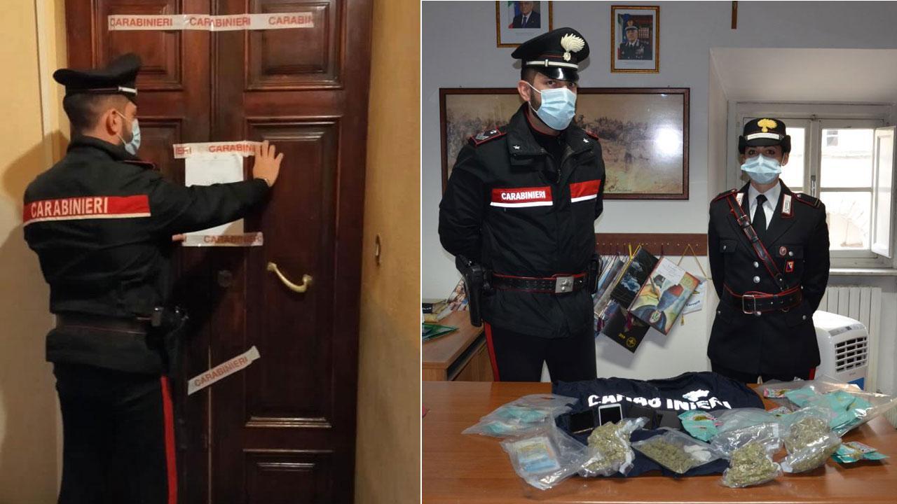 Nella foto a sinistra il sequestro della casa e la droga sequestrata dai carabinieri