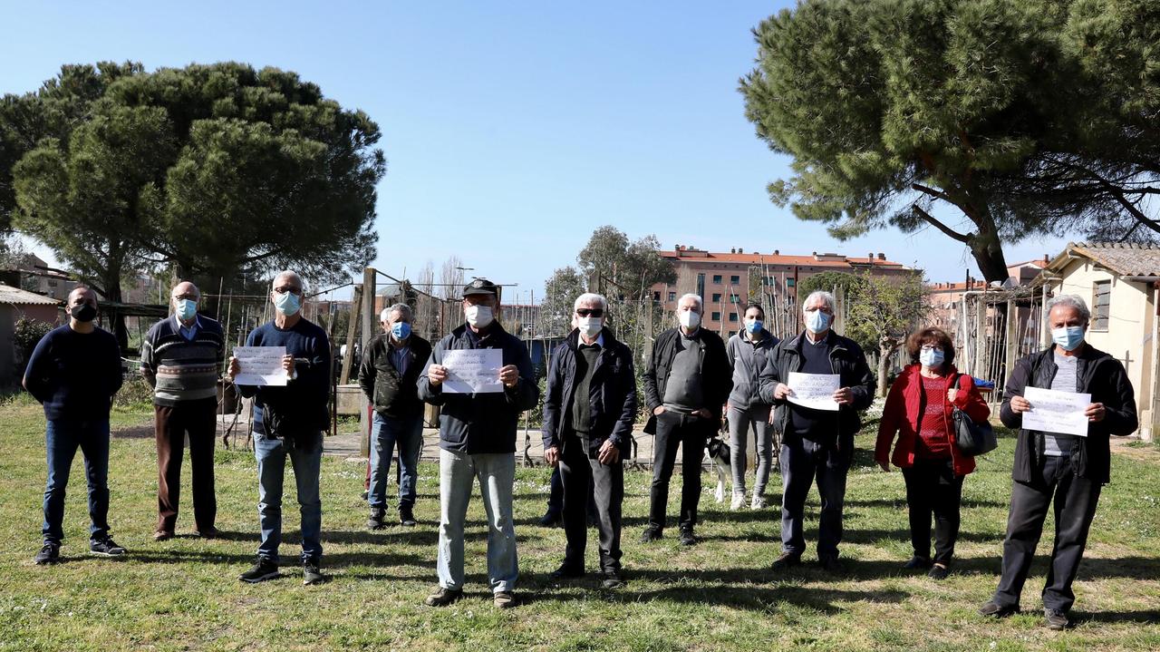Alcuni degli anziani che frequentano e coltivano gli orti realizzati in vent’anni in via di Spagna nel quartiere della Scopaia con i cartelli di protesta