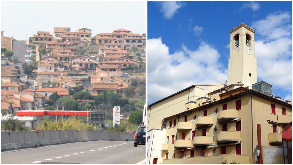 Sopra lo sviluppo urbanistico di San Vincenzo visto dalla Variante Aurelia; in alto a destra le case addossate al campanile della chiesa di San Vincenzo Ferreri