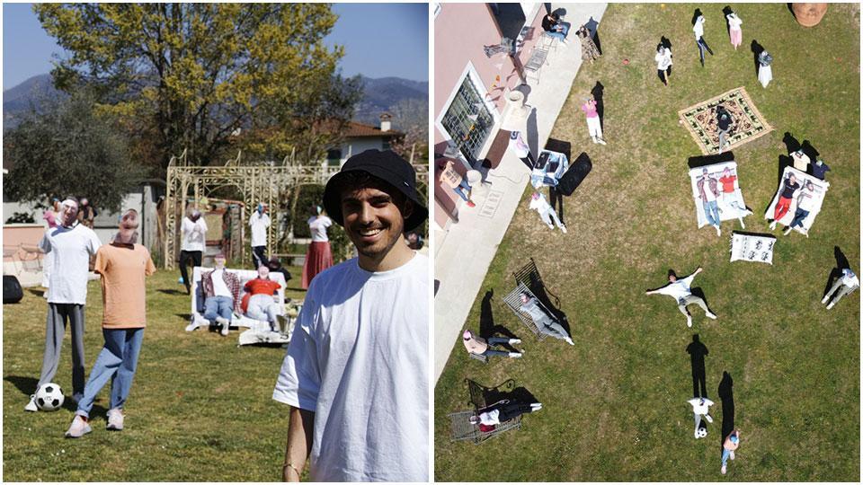 Nicolò Convalle con i suoi manichini installati in giardino e il giardino dall’alto ripreso dal drone
