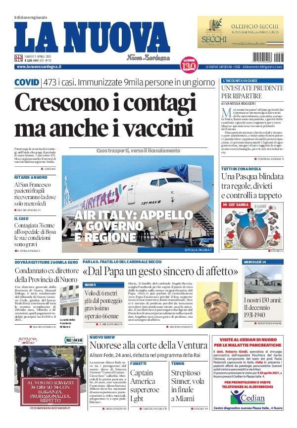La Nuova Sardegna - Prima Pagina - 3 aprile 2021