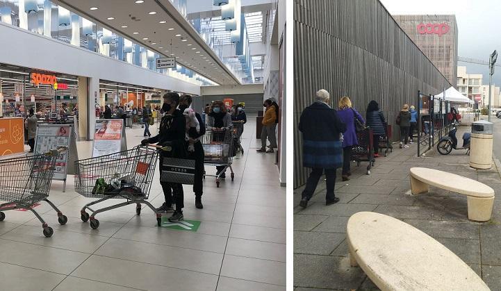 Clienti in fila al Conad Aurelia Antica di Grosseto (a sinistra) e alla Coop di Orbetello