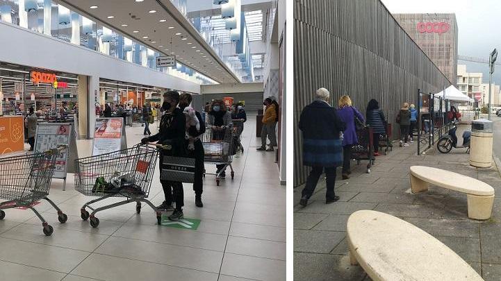 Clienti in fila al Conad Aurelia Antica di Grosseto (a sinistra) e alla Coop di Orbetello