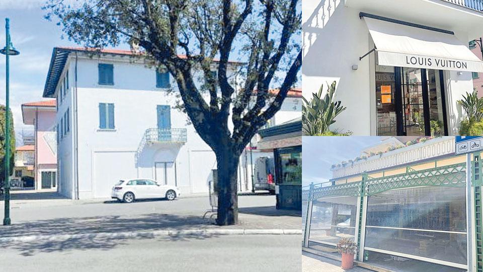 La palazzina dove sarà realizzato il maxi negozio su due piani di Louis Vuitton vicino a piazza Marconi, le attuali vetrine della multinazionale di beni di lusso del negozio aperto nell’estate 2013 e che doveva essere temporaneo, a destra il cantiere nei locali dello storico Caffè La Milanese dove sarà aperto il Palapa Bar