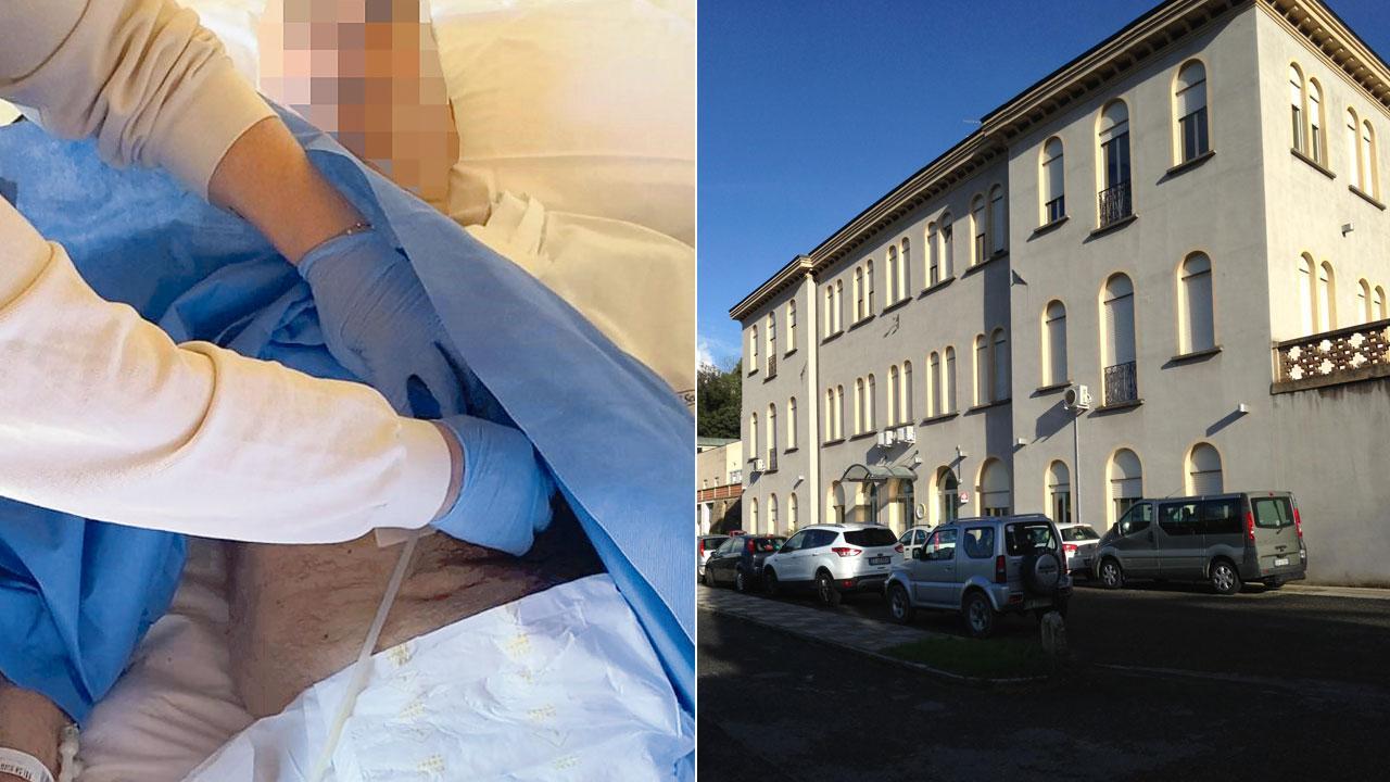 A sinistra la foto inviata dalla figlia del paziente: l’uomo di 72 anni appena arrivato a casa con indosso il pannolone e una pettorina in tnt. Nella foto a destra il centro di riabilitazione di Volterra, dal quale l’uomo è stato dimesso il 30 marzo scorso