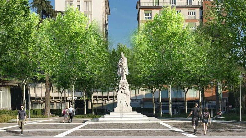 Il rendering di piazza Garibaldi ripavimentata e con le nuove piante