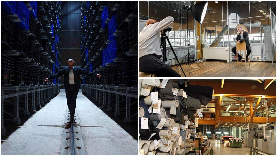 una delle foto con il costumista di “Pinocchio”, Pamela Gori mentre scatta le foto a Massimo Cantini Parrini e un interno dello stabilimento Beste
