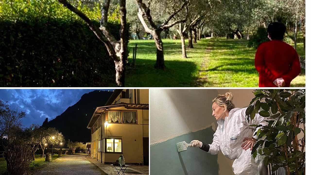 Sopra l'uliveto per i picnic. Sotto da sinistra l'esterno della villa e a destra Debora durante la ristrutturazione
