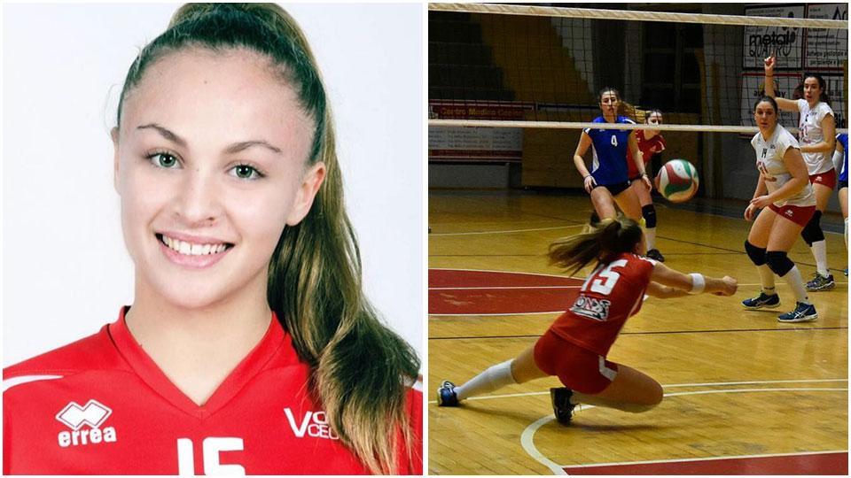 Bianca Grassi nella “figurina” realizzata per lei dalla St. Thomas University du Miami e Bianca in ricezione durante una partita