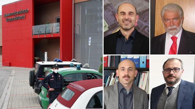 I carabinieri davanti alla sede dell’Assoconciatori, a destra in alto Lorenzo Mancini e Piero Maccanti, sotto Nicola Andreanini e Aldo Gliozzi