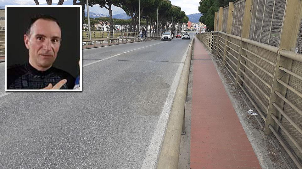 a Fausto Pezzini (foto da Facebook) e il punto del cavalcavia dov’è avvenuto l’incidente