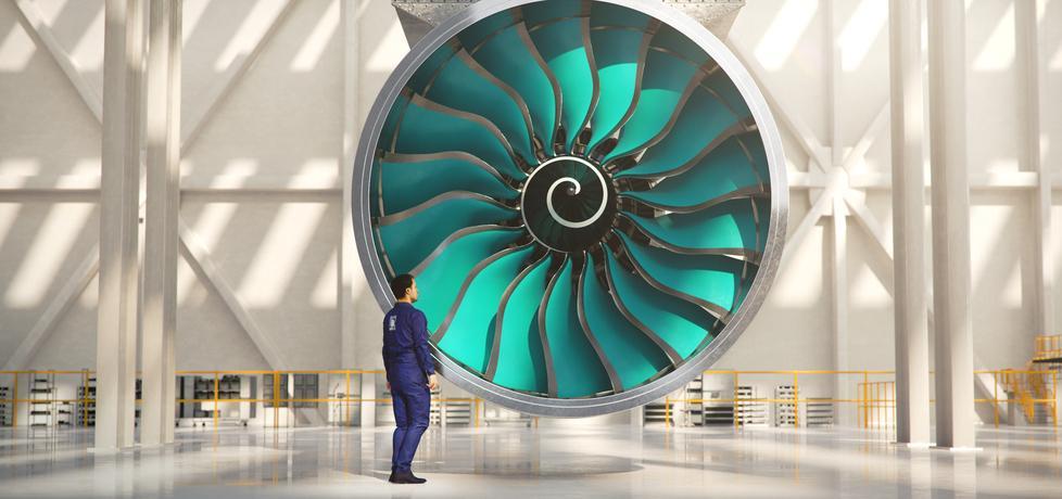 Una delle turbine UltraFan, il mega motore aeronautico costruito da Rolls-Royce: della costruzione dei compressori è responsabile l’ingegner Roberto Menoni