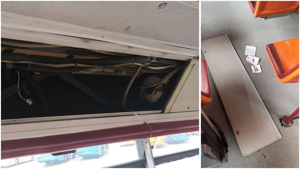 La parte dell’autobus da cui si è staccata la lastra di alluminio; a destra la lastra a terra con accanto alcuni fazzoletti sporchi di sangue