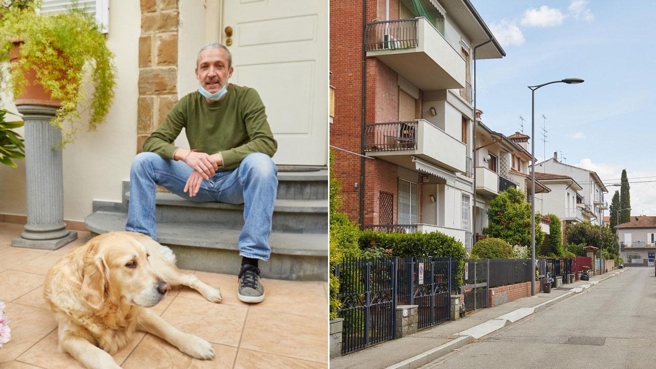 Stefano Andreini con il cane Tea e via Baccio da Montelupo