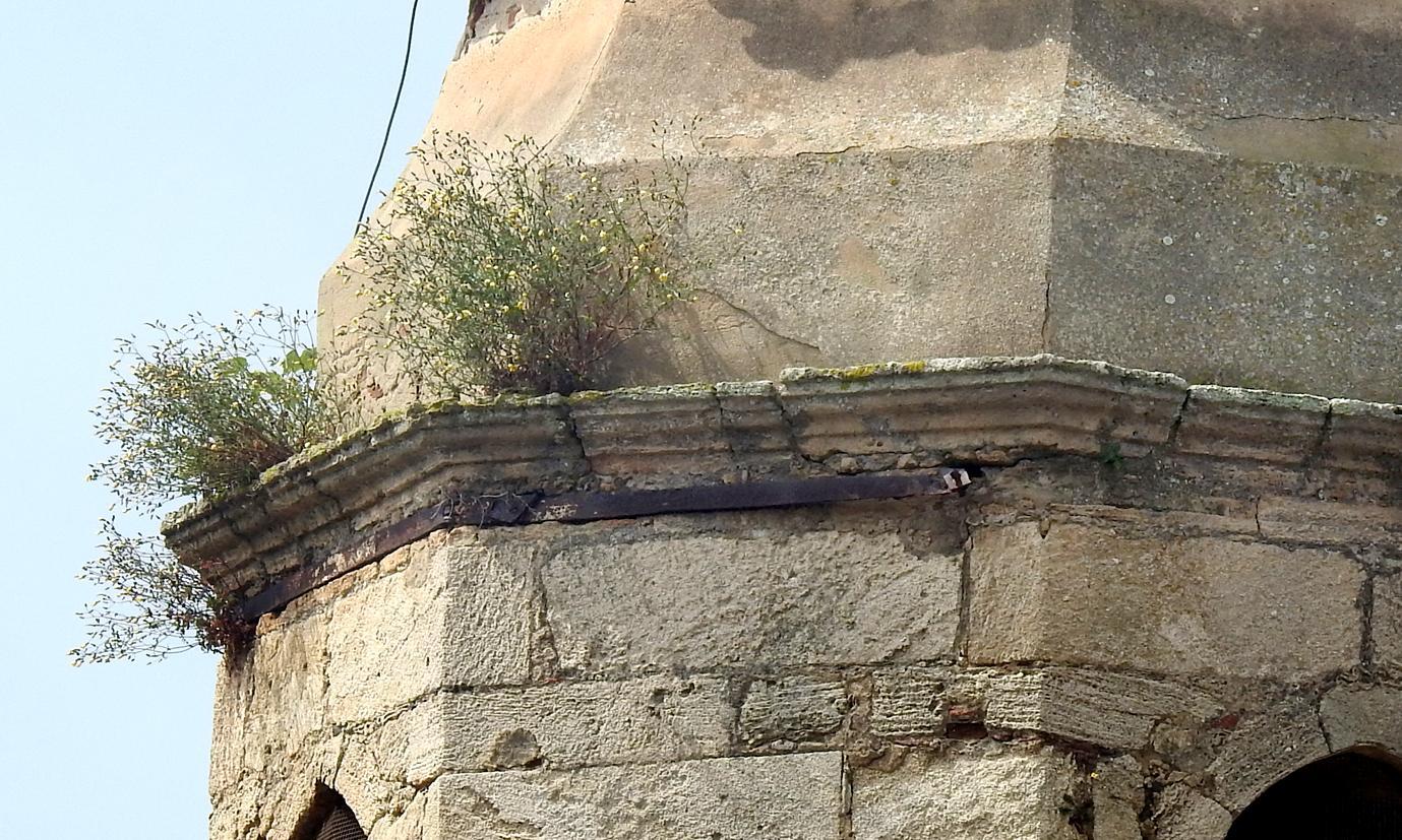 Erba e qualche crepa sul campanile