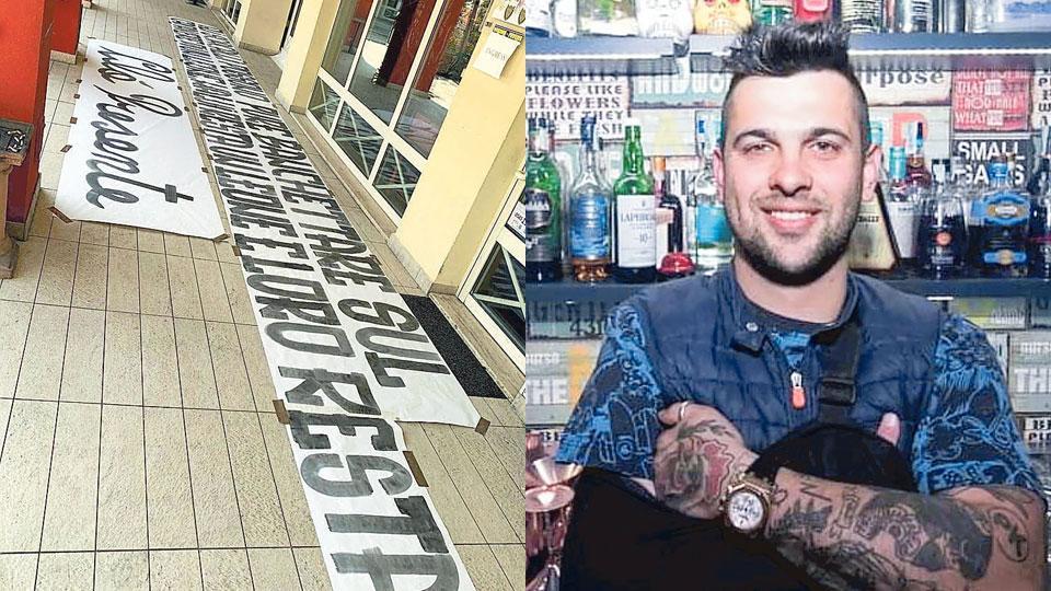 A sinistra lo striscione apparso ieri al Cinquale a destra Claudio Vita nel suo locale, il Vintage