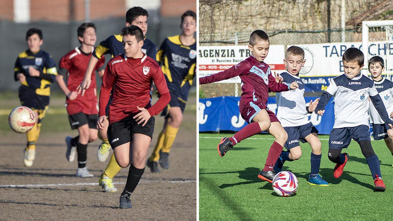 Sopra uno dei match del settore giovanile livornese, alle prese con tanti dubbi sulle modalità di ripartenza: a destra alcuni bambini della Scuola Calcio