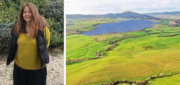 La cantante Nada Malanima e, a destra, un fotomontaggio che illustra l'eventuale collocazione dell'impianto fotovoltaico a Poggio Contino, nel comune di Manciano