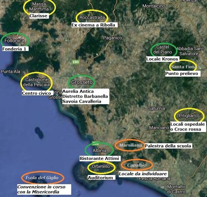In verde gli hub in funzione, in giallo i locali individuati e pronti a partire, in arancio le strutture da definire