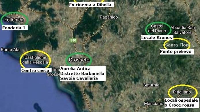 In verde gli hub in funzione, in giallo i locali individuati e pronti a partire, in arancio le strutture da definire