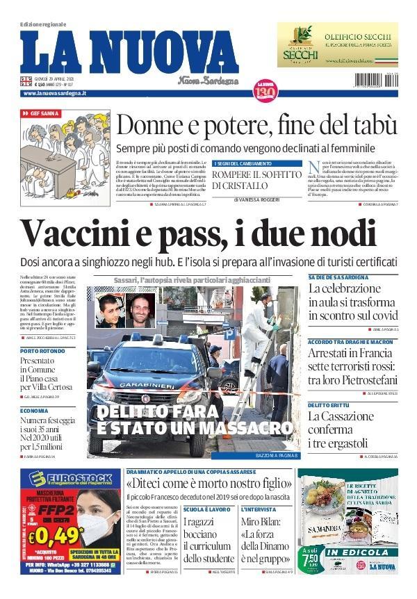 La Nuova Sardegna - Prima Pagina - 29 aprile 2021