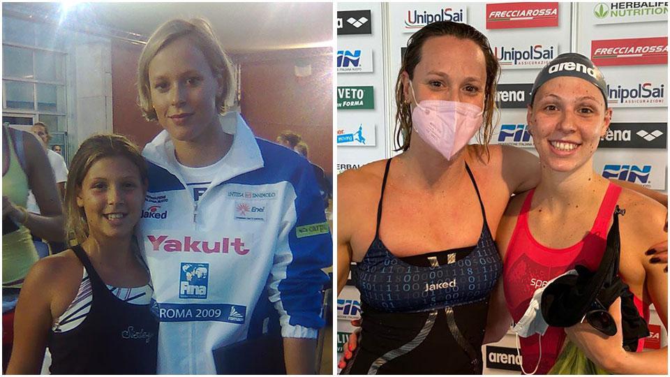 Nella foto a sinistra Sara Franceschi a dieci anni con Federica Pellegrini ai mondiali di Roma del 2009 dopo il record del mondo firmato dalla Divina. A destra Franceschi e Pellegrini insieme dodici anni dopo al termine dei 400 misti dove la nuotatrice livornese ha conquistato la qualificazione per le olimpiadi di Tokyo