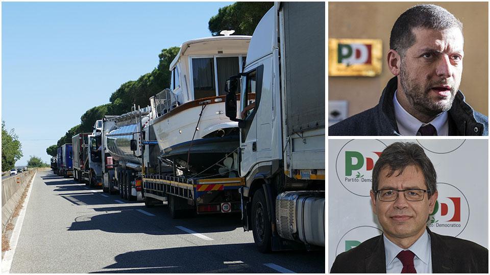 Giugno 2020: camion in coda sull’Aurelia dopo l’ennesimo incidente nella zona di Orbetello, Andrea Romano e l’onorevole Luca Sani