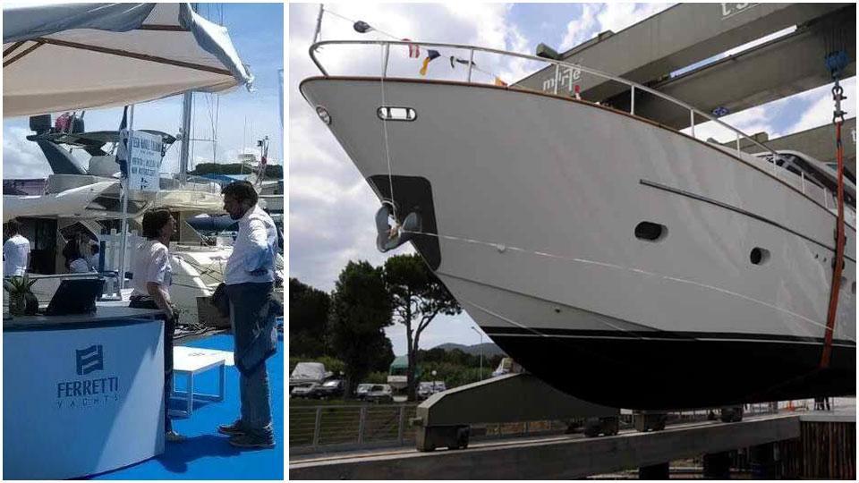 Lo stand Ferretti Group al Versilia Yachting 2017 e un’imbarcazione Sanlorenzo in cantiere ad Ameglia
