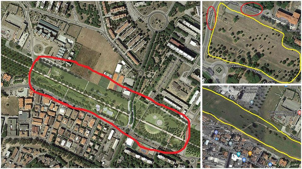 Nel cerchio rosso l’area del futuribile parco dell’ex canale del Diversivo alle cui estremità si innestano i boschi, il bosco urbano tra via Portogallo e via Senese e il bosco urbano tra via Carnicelli e l’Aurelia