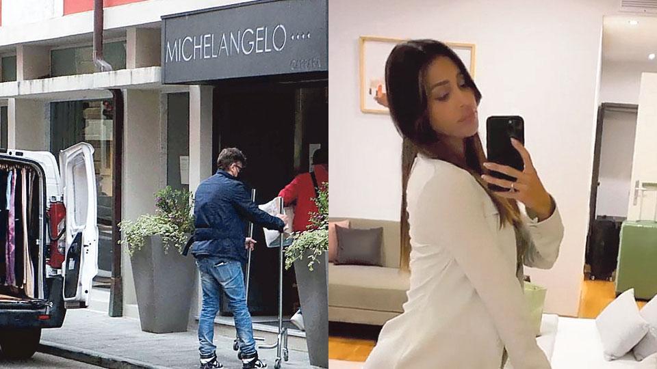 In alto lo staff di Belen al Michelangelo e accanto la modella e showgirl in una suite dell’hotel