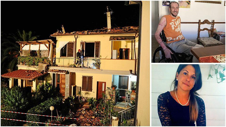 La villetta dopo l’esplosione del 22 settembre 2019. In alto Giuliano Geri sopravvissuto all’incidente e Martina Rossetti, morta a 40 anni dopo a un mese e mezzo dall’esplosione