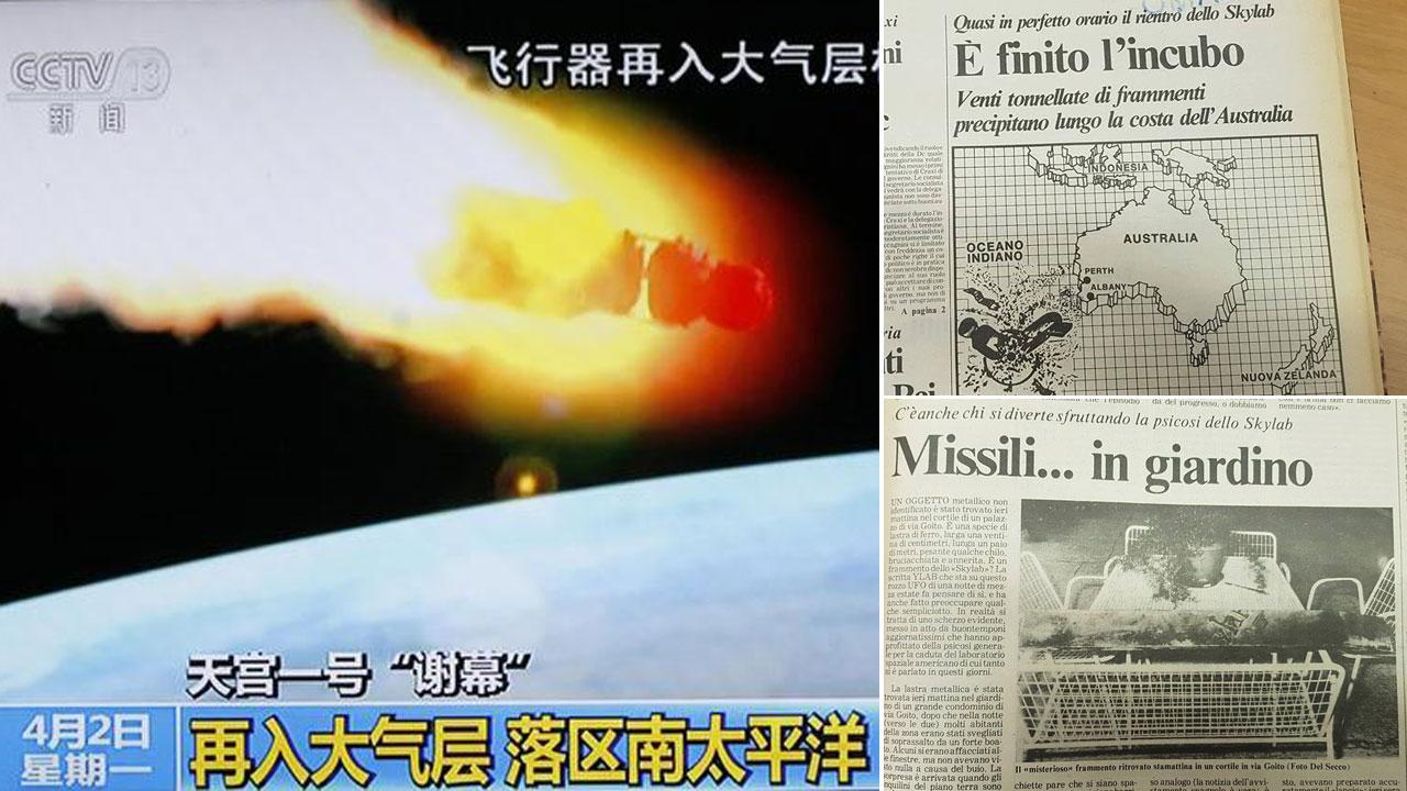 La ricostruzione del rientro del razzo cinese secondo Cctv. A destra, il Tirreno del ’79: in alto, la prima pagina dedicata al caso Skylab, in basso lo scherzo a Livorno