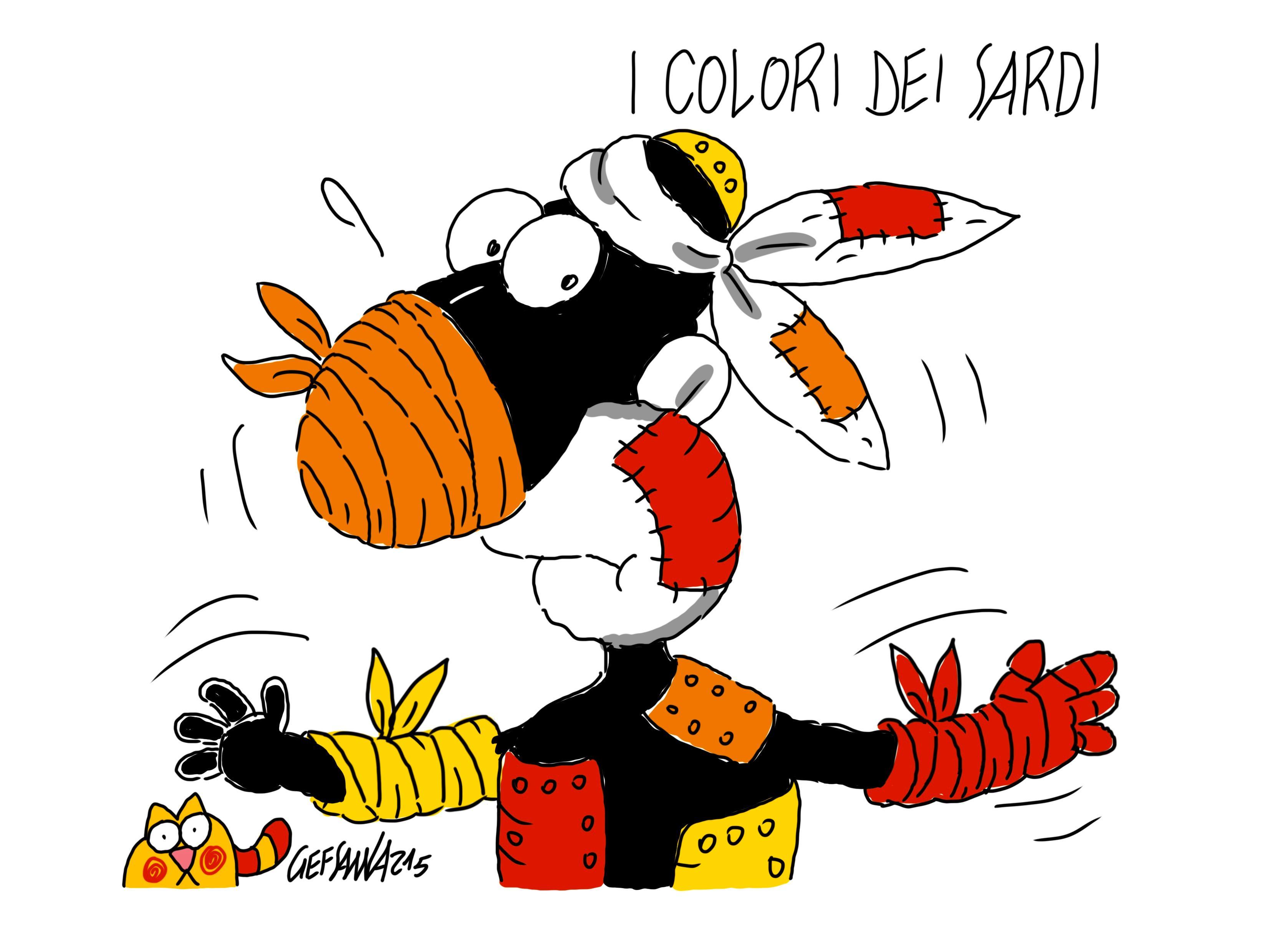 La vignetta di Gef:  rosso, arancione e giallo ecco i colori dei sardi