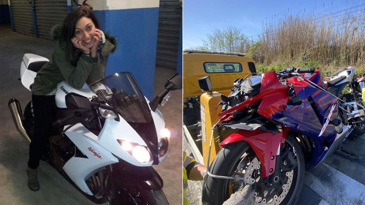 Un’immagine sorridente di Sara Campinotti e, a destra, la moto della giovane dopo lo schianto mortale (Foto incidente Franco Silvi)