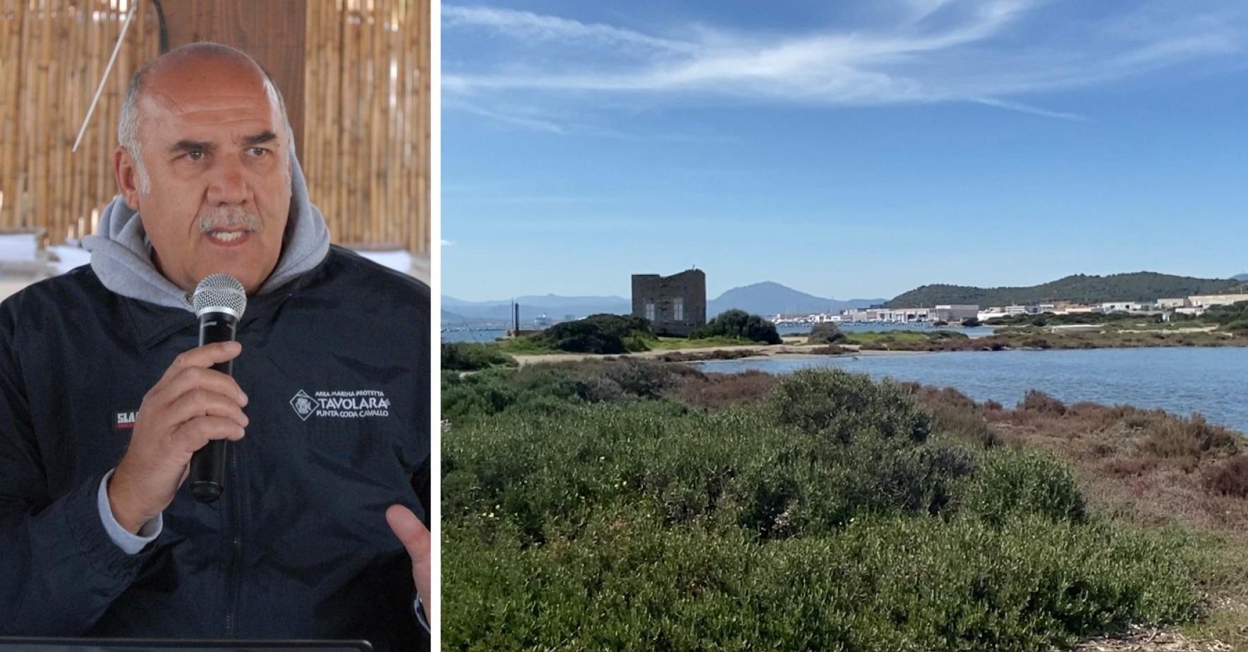 Il candidato sindaco Augusto Navone e uno scorcio di Cala Saccaia