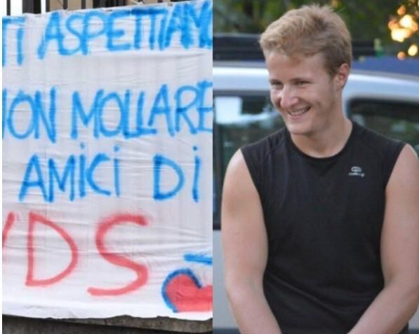 A sinistra lo striscione appeso fuori dall'ospedale, a destra Christian Volpi