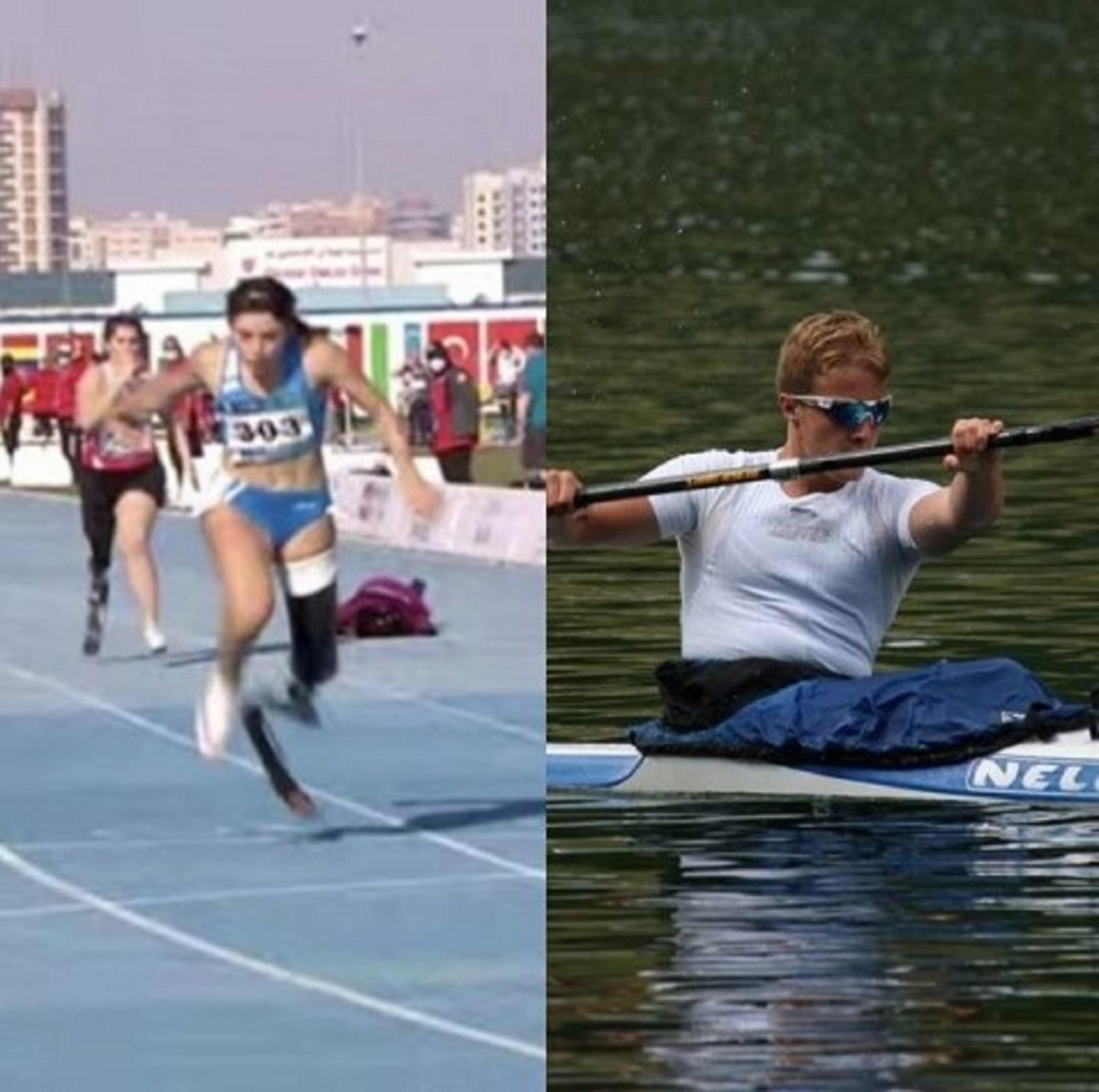 A sinistra Ambra Sabatini nella gara in cui ha stabilito il record mondiale. A destra Christian Volpi in canoa