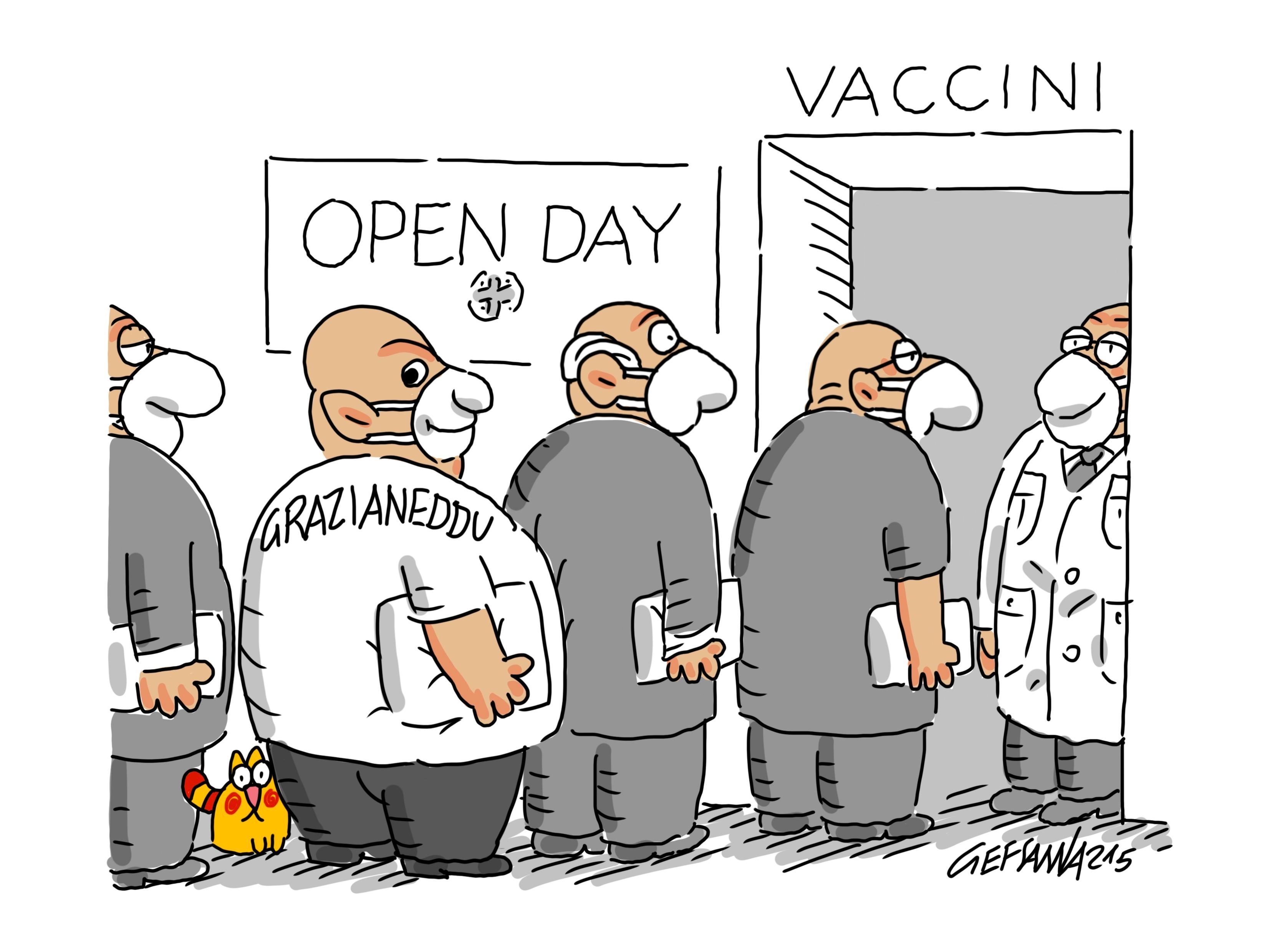 La vignetta di Gef: anche in Sardegna ci sarà un open day vaccinale 