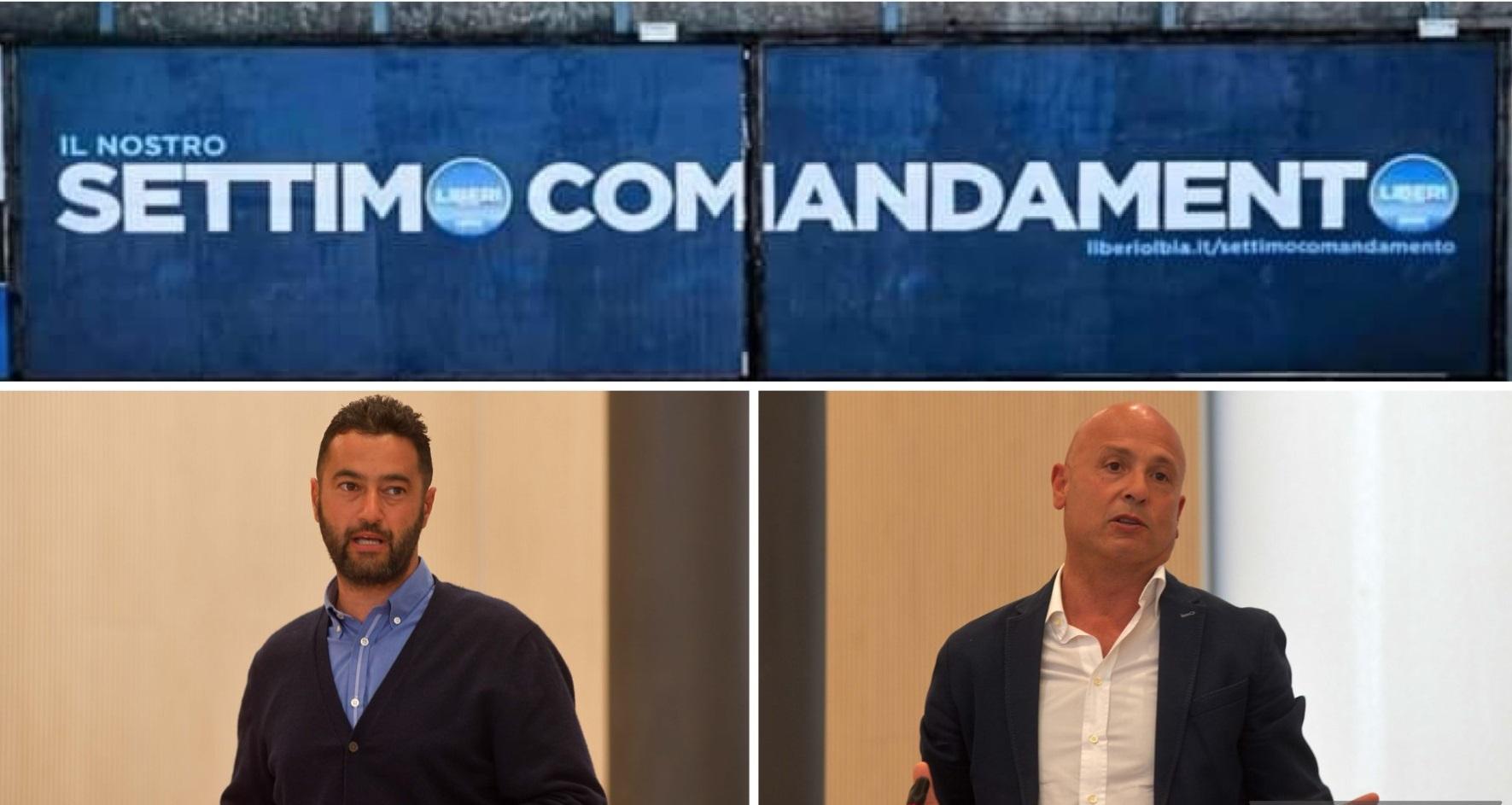 Il manifesto elettorale al centro della polemica, da sinistra i consiglieri Marco Piro e Rino Piccinnu