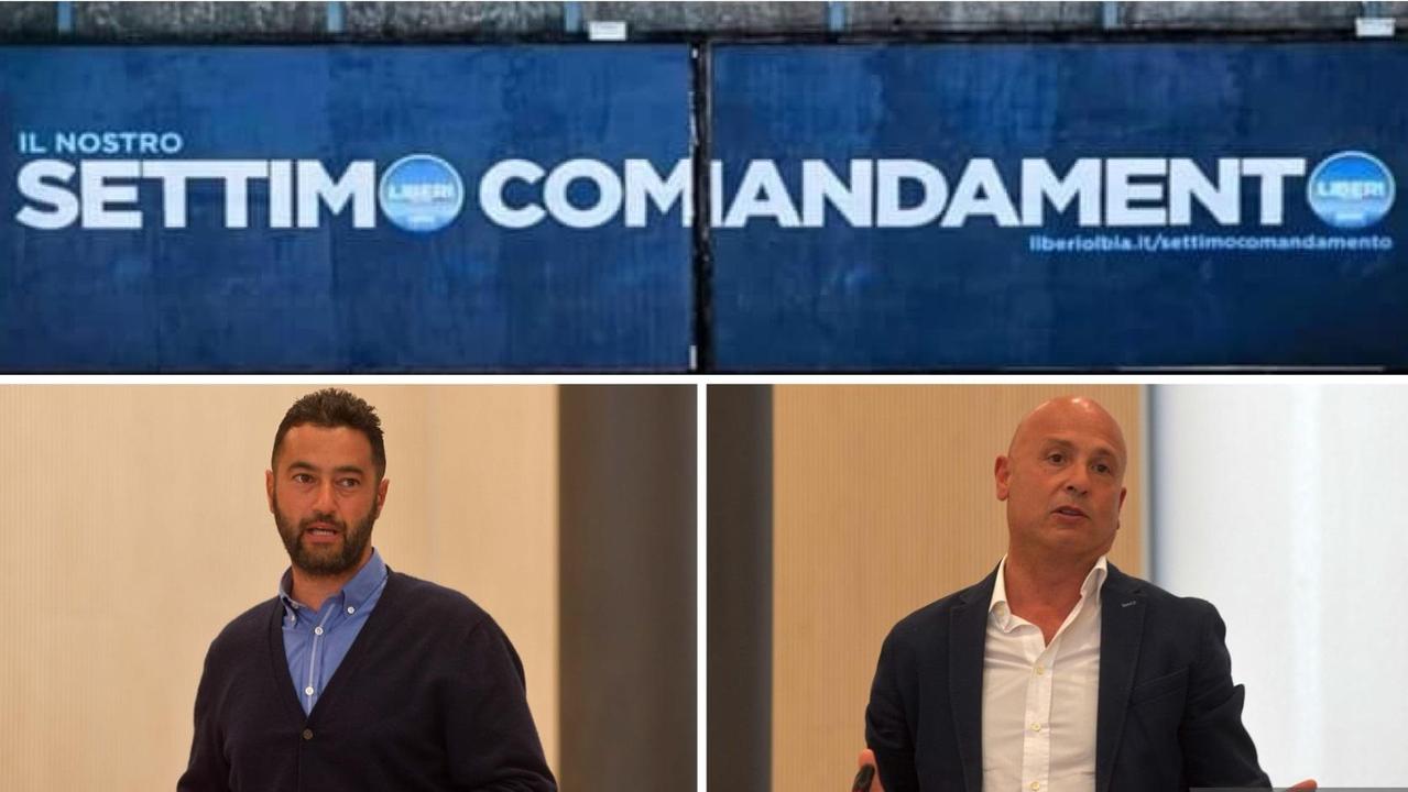 Il manifesto elettorale al centro della polemica, da sinistra i consiglieri Marco Piro e Rino Piccinnu