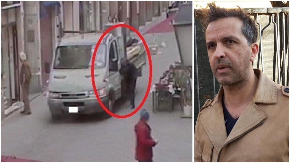 Un fermo immagine del furgone in centro con l’ispettore attaccato allo sportello e Alberto Rocchi