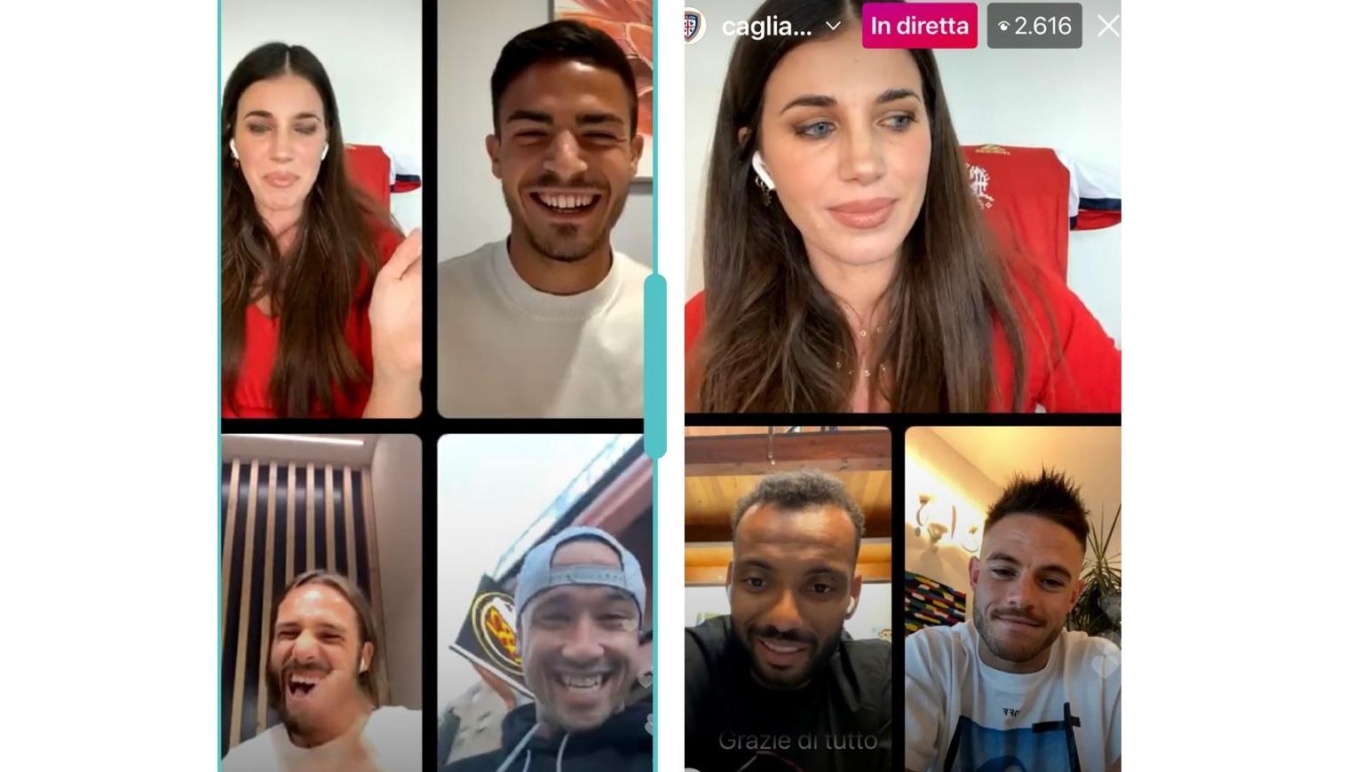 Sopra, Eleonora Boi e Carboni. Sotto Pavoletti, Nainggolan, Joao Pedro e Nandez