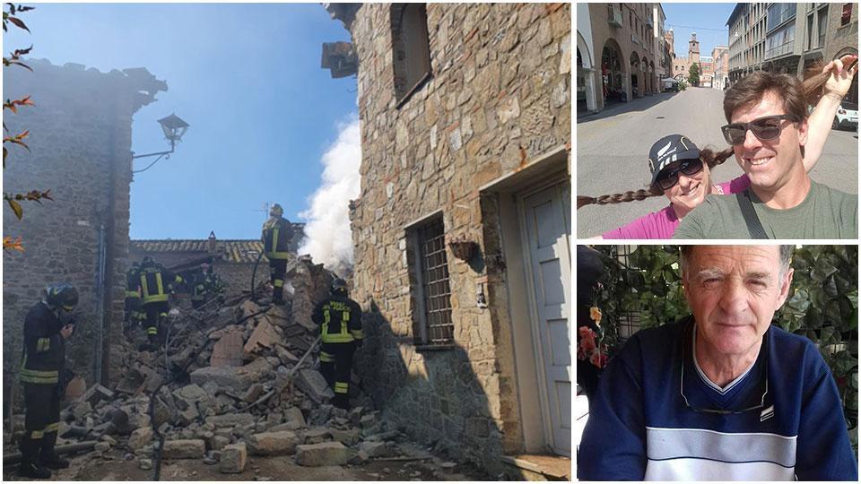 I vigili del fuoco tra le macerie in fumo della villetta nel Chianti che ha travolto Fabio Gandi, la sua compagna Giuseppina Napolitano (insieme nella foto a fianco) e l’ex marito di lei, Giancarlo Bernardini