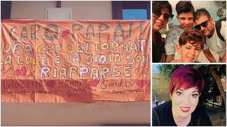 Lo striscione di bentornato a Gennaro Murgi preparato dai figli. A destra in alto la famiglia e sotto la moglie, che chiede alle persone di prestare attenzione al rischio contagio da Covid