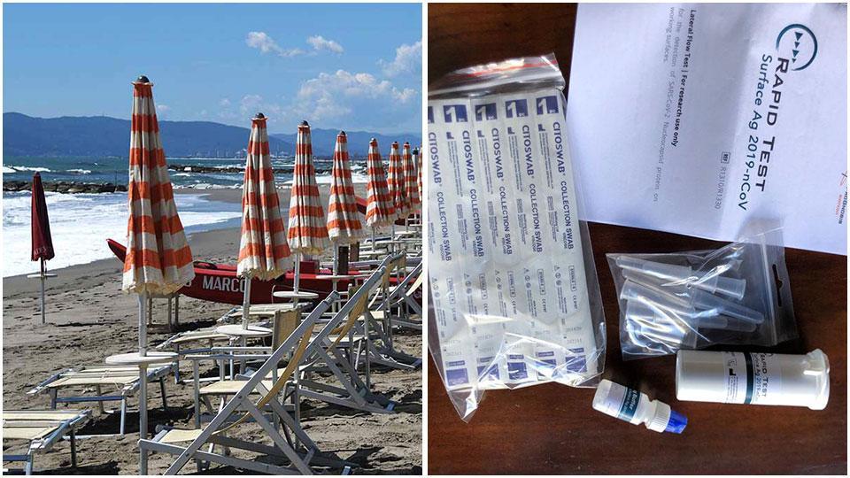 Ombrelloni pronti in uno stabilimento e il kit per tamponare le attrezzature