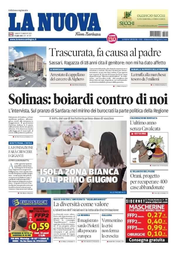 La Nuova Sardegna - Prima Pagina - 22 maggio 2021