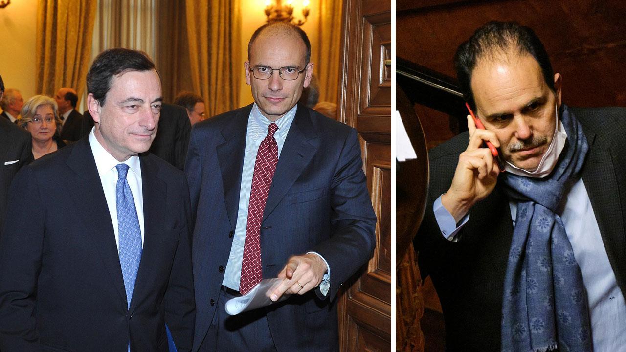 Il presidente Mario Draghi e Enrico Letta, a destra Andrea Marcucci